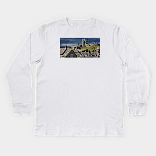 Corfe Castle, Dorset, UK, Over the Village Rooftops Kids Long Sleeve T-Shirt